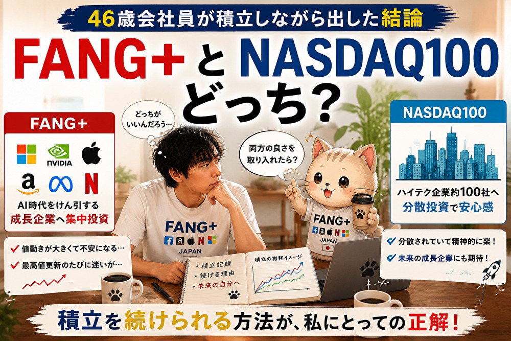 FANG＋とNASDAQ100を比較し、46歳会社員が積立を続けながら出した結論を紹介するアイキャッチ画像