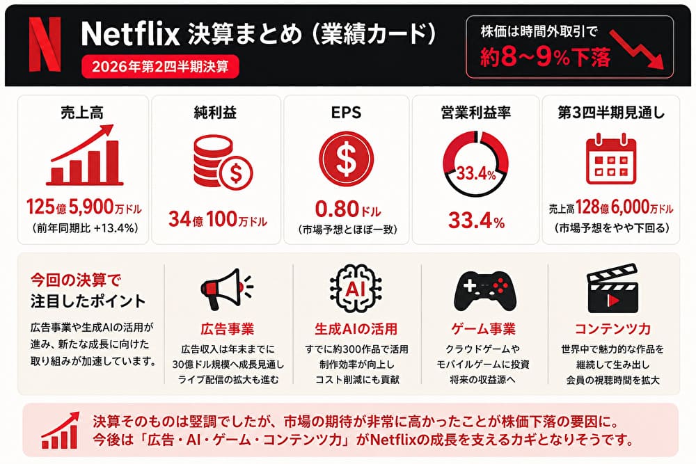 Netflix2026年第2四半期決算まとめ 業績カード 売上高・EPS・営業利益率・株価下落のポイント