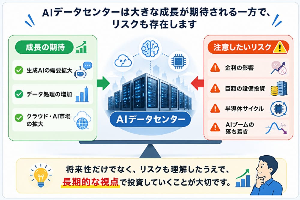 AIデータセンター関連銘柄の成長要因とリスクをまとめた図。成長の期待と金利・設備投資・半導体サイクル・AIブームの落ち着きなどの注意点を示したイラスト