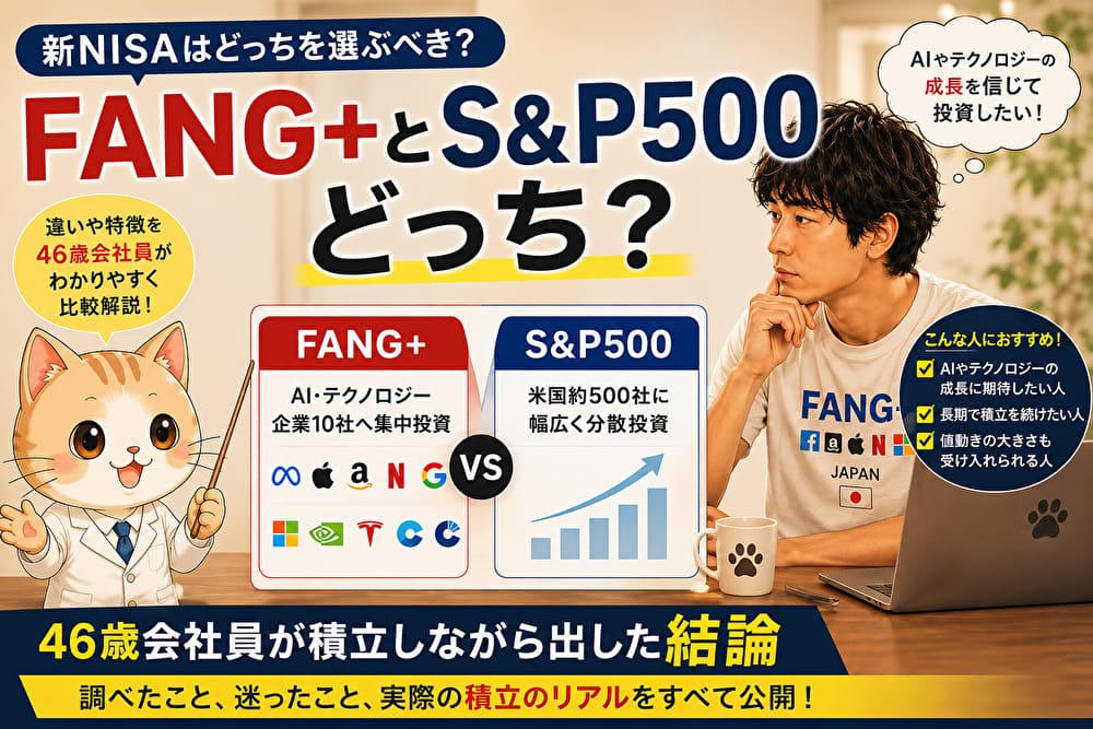 FANG＋とS&P500を比較し、新NISAで46歳会社員がFANG＋を選んだ理由を解説するイメージ