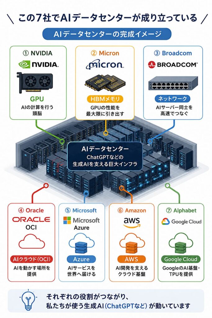 AIデータセンターを支える7社の役割。NVIDIA、Micron、Broadcom、Oracle、Microsoft、Amazon、Alphabetが連携してAIデータセンターを構成するイメージ図