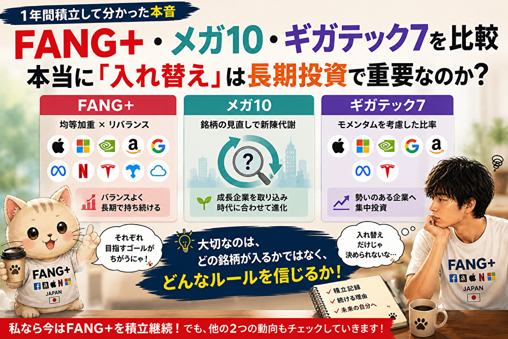 FANG+・メガ10・ギガテック7を比較。「入れ替え」は長期投資で重要なのかをテーマに、3つの投資信託の特徴を紹介したアイキャッチ画像。