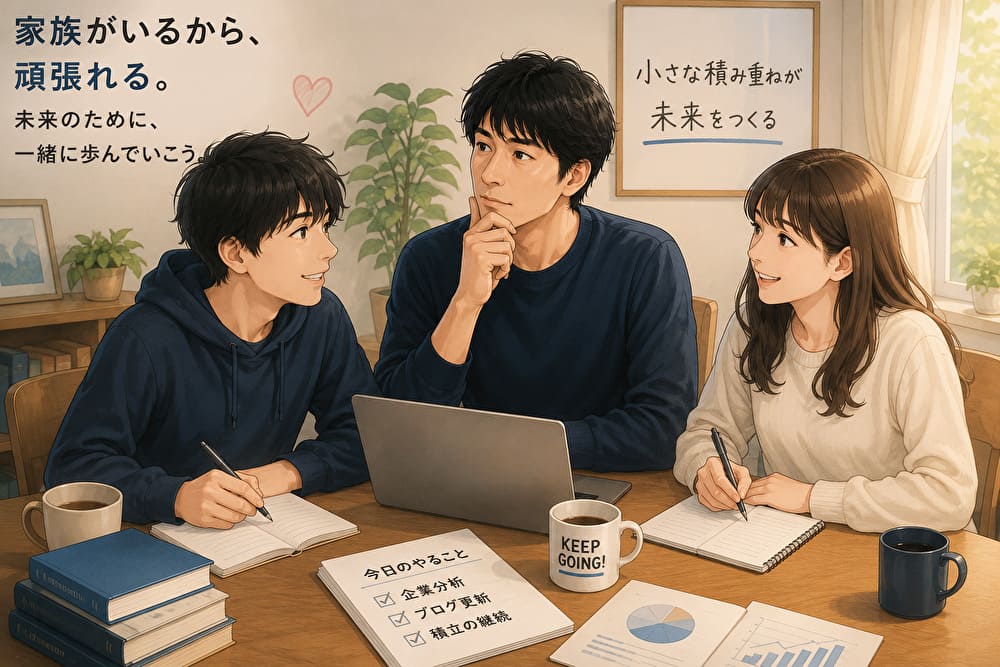 大学生の子どもたちと未来について話す家族のイメージ
