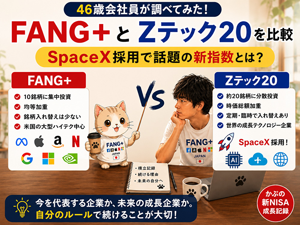 FANG＋とZテック20の違いを比較したアイキャッチ画像。SpaceX採用で話題の新指数の特徴を分かりやすく解説。
