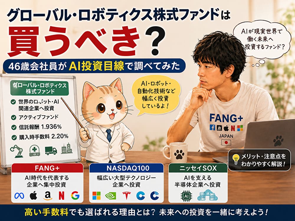 グローバル・ロボティクス株式ファンドは買うべき？46歳会社員がAI投資目線で調べた内容を紹介するアイキャッチ画像