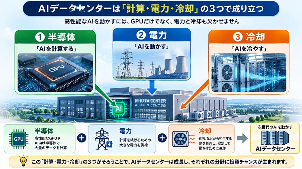 AIデータセンターを支える半導体・電力・冷却の3分野を示した図解