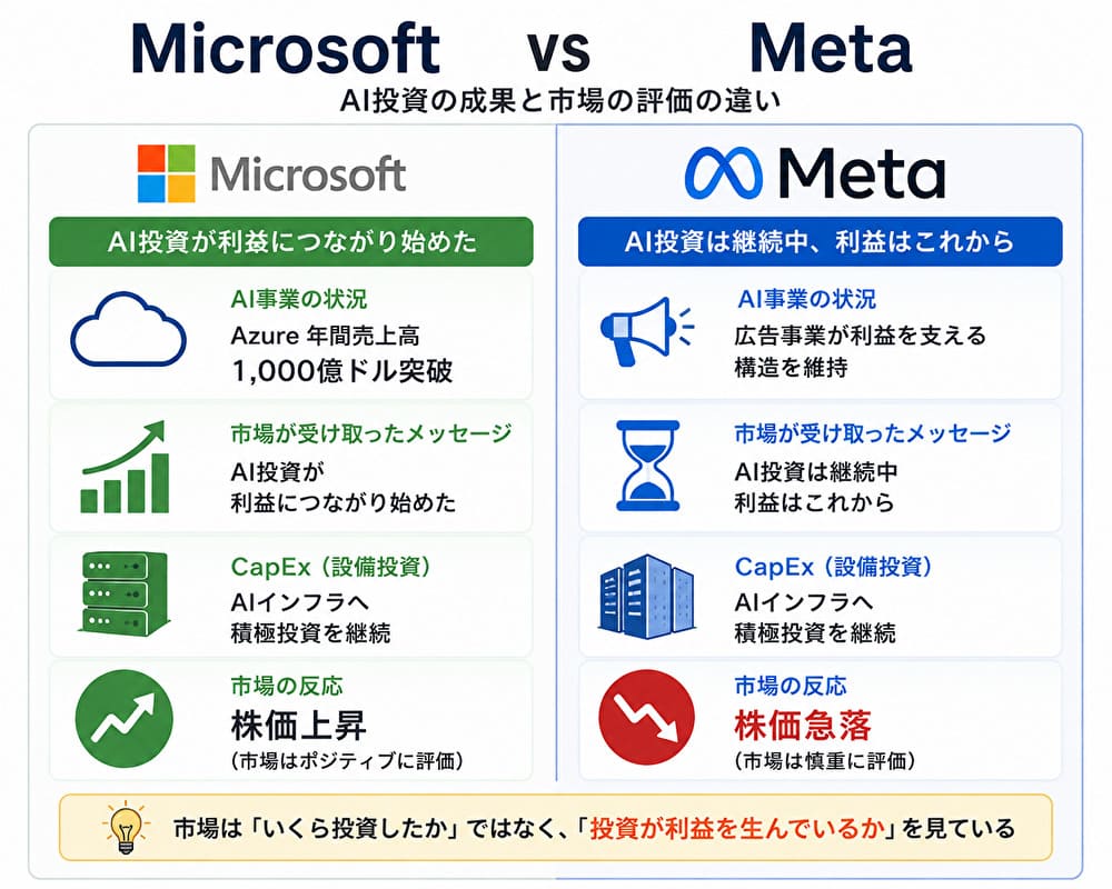MicrosoftとMetaのAI投資と市場評価の違いを比較した図