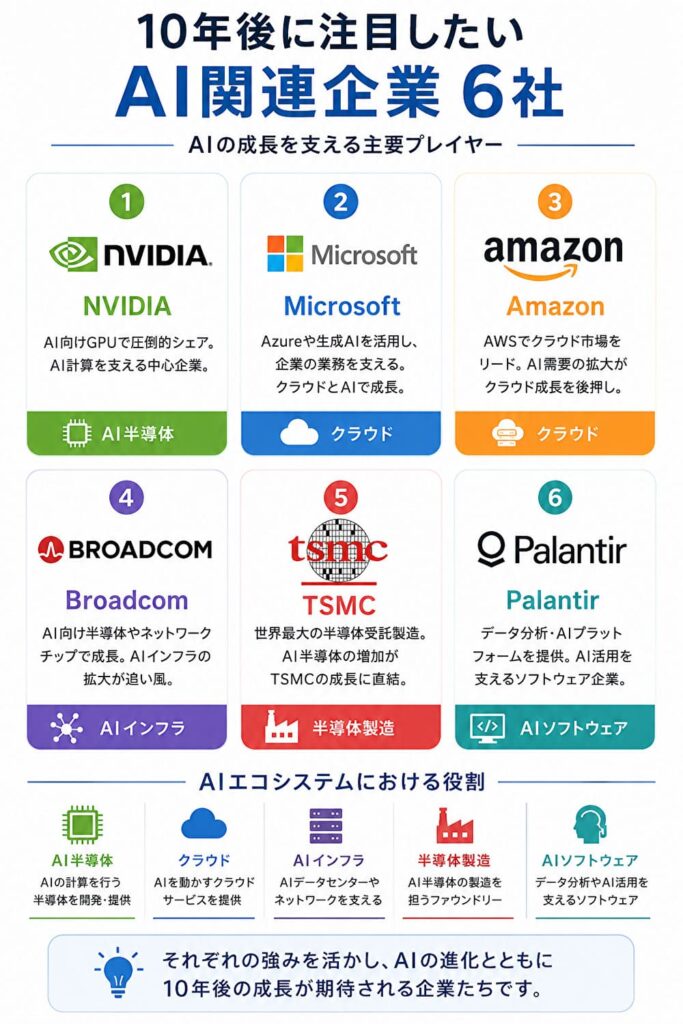 10年後に注目したいAI関連企業6社をNVIDIA・Microsoft・Amazon・Broadcom・TSMC・Palantirで紹介