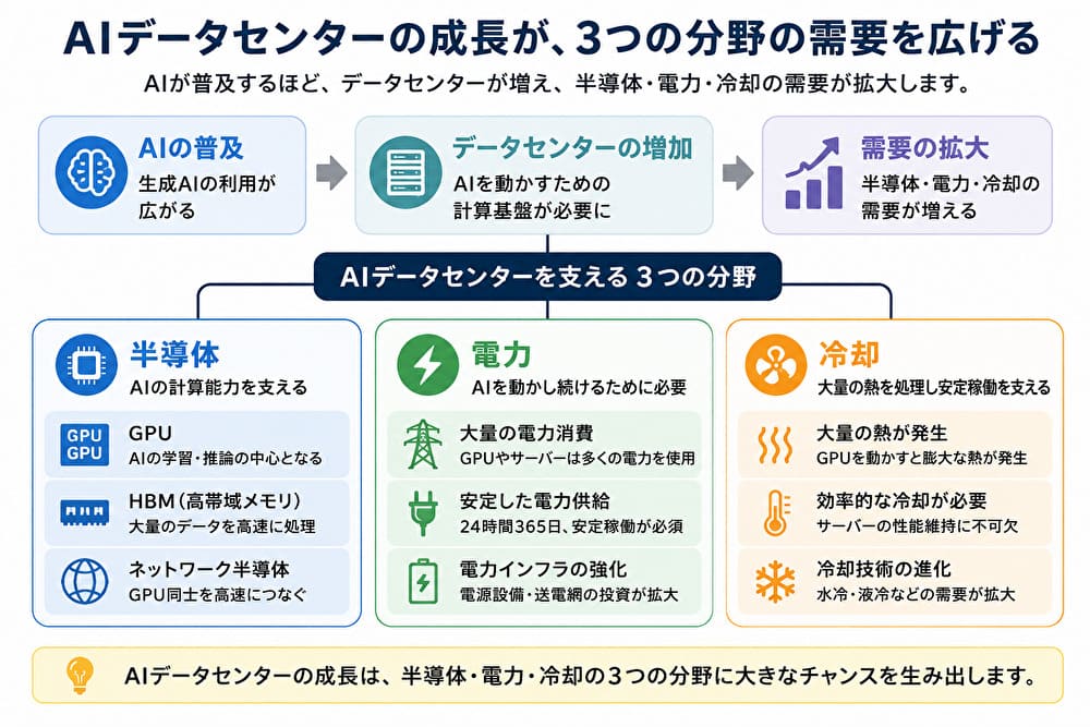 AIデータセンターの成長で半導体・電力・冷却の需要が広がる仕組み