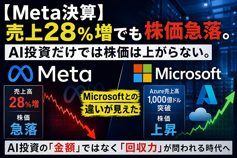 【Meta決算】売上28％増でも株価急落。AI投資だけでは株価は上がらない。Microsoftとの違いを比較