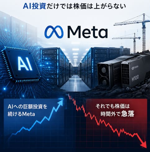 Meta決算でAI投資と株価急落を表現したデータセンターとGPUのイメージ