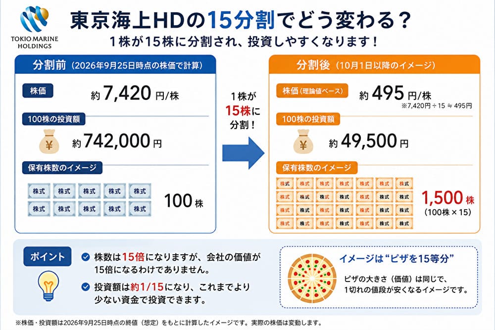 東京海上HDの15分割前後の購入金額と株数の比較