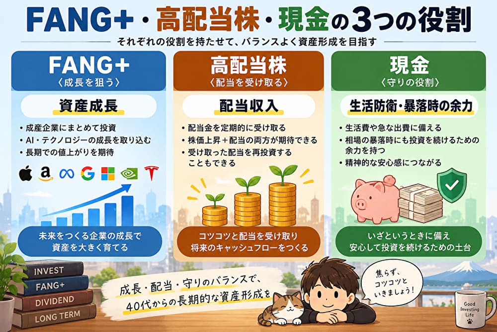 FANG+・高配当株・現金の3つの役割を比較